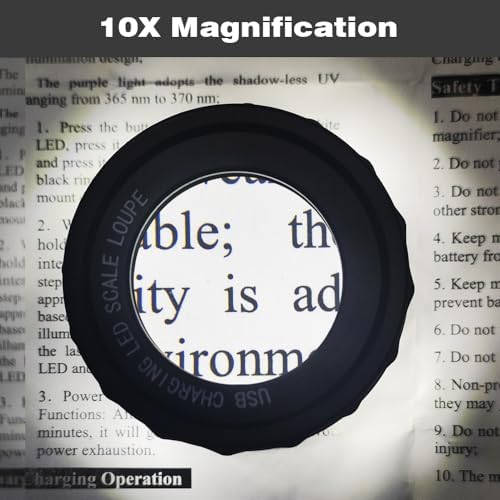 10x Loupe Magnifier Rechargeable Jewelers Loupe with UV and LED Lights, Illuminated Eye Loop Adjustable Focus Jewelry Magnifying Glass with Detachable Reticle Scale for Gemstones Identification