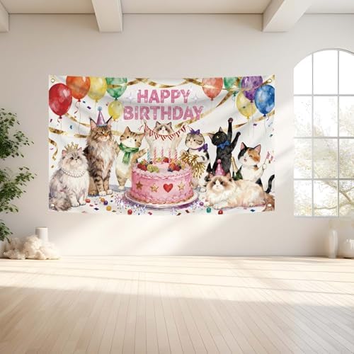 3X5FT Cat Birthday Decorations,Cat Theme Birthday Party Supplies Background Hanging Décor for Indoor Outdoor Home and Room Wall Decor (d1)