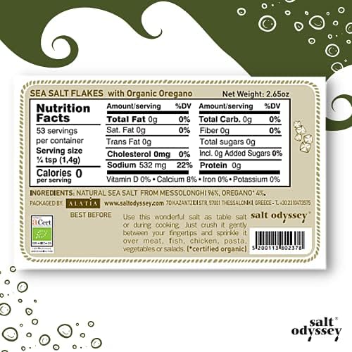 SALT ODYSSEY Gourmet Mediterranean Sea Salt Flakes for Seasoning Meat, Fish and Chicken, Flake Sea Salt with Organic Oregano, 100% Natural Flaky Sea Salt from Greece (2.65 oz.)