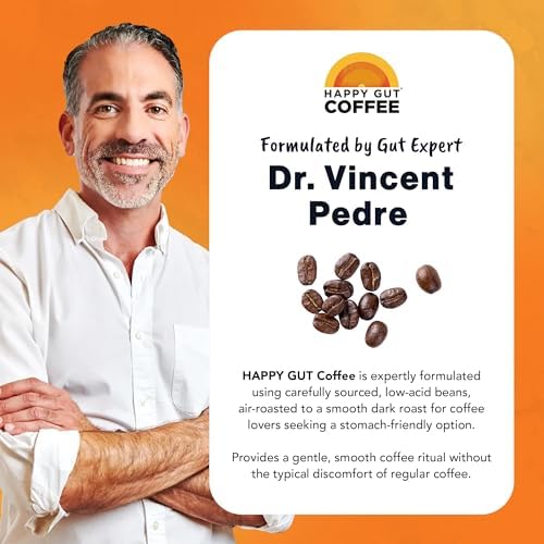 Happy Gut Coffee - Doctor-Formulated, Organic Medium-to-Dark Roast Coffee with Gut-Friendly Benefits - Gentle on Stomach - Rich Flavor, Gluten-Free, No Bitterness - 12oz - SMOOTH - Ground