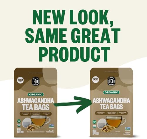 FGO Organic Ashwagandha Tea, 100 Count, Eco-Conscious Herbal Tea Bags, Resealable Bag, Caffeine Free, Packaging May Vary (Pack of 1)