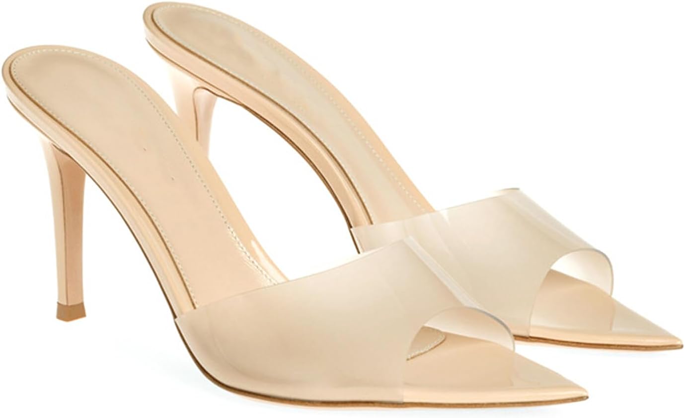 Women'S Clear Pointed Open Toe Stiletto Heel Slide Sandals Fashion Sexy Slip On Transparent Strap High Heels Mules Summer Backless Party Wedding Prom Dress Shoes