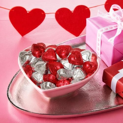 Milk Chocolate Valentine Hearts Candy - Red & Silver Foil Wrapped Creamy Chocolate Hearts, 1 Pound Bulk Chocolate s for Valentine’s Day Parties, Decorations, Gift Bags & Treats