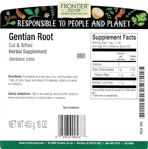 Frontier Co-op Gentian Root, Cut & Sifted, 1lb Bulk Bag - Natural Dried Herb - Bitter Taste - Ideal for Gentian Root Tea & Herbal Blends, Kosher