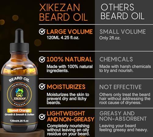 Beard Oil,120ml/4.25fl.oz Oil Promote Large Volume Beard Growth,Leave in Conditioner Beard Care Natural Sweet Orange Scent Mustaches Growth Soften Strength,Gifts for Men Him Dad