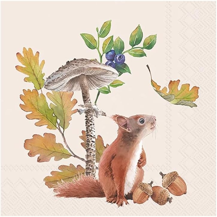 IHR Ideal Home Range Cocktail Napkins Disposable 3-Ply Paper Party Napkin Pack, 5" x 5", Fall Squirrel, 20-Count
