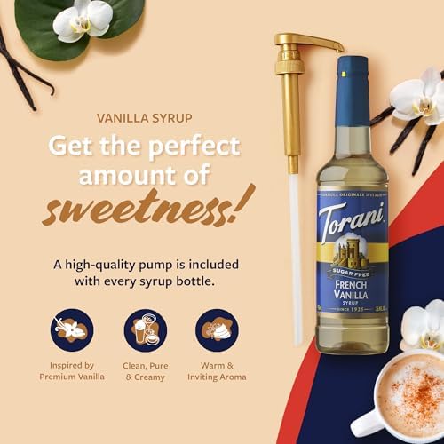 Torani Sugar Free Coffee Syrup, French Vanilla Flavored Syrup for Drinks, Zero Calorie, Pump Included, 25.4 Fl Oz