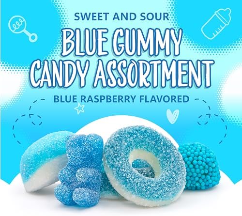 Blue Candy Mix | 1-Pound Bag | Blue Raspberry Candy | Sweet & Sour Gummies for Gender Reveal | Baby Shower Party Favors for Boy | Gummi Bears, Nonpareil Berries, Gummy Rings & Puffs