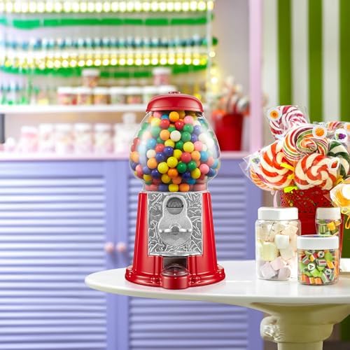 Olde Midway 12" Gumball Machine with Glass Globe and Metal Base - Red, Vintage-Style Bubble Gum Candy Dispenser