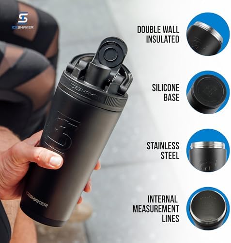 Ice Shaker Insulated Stainless Steel Shaker Bottle | 26oz, Black | Cold for 30+ Hours | Insulated Cup with Twist-on Agitator | Odor-Free Bottle for Protein Shakes, Water, Smoothies, Cocktails