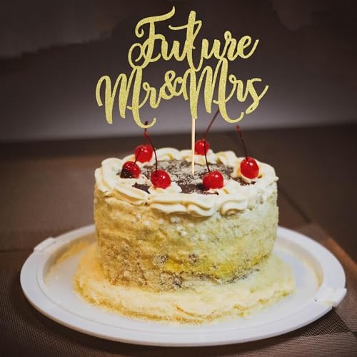 1Pc Future Mr and Mrs Cake Topper, Bridal Shower Cake Pick Decorations- for Wedding Engagement Theme Party Decoration, Bachelor Party Decorations Supplies - Gold Glitter