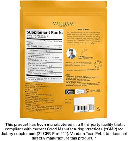 VAHDAM Ashwagandha Coffee with Turmeric, Lion’s Mane & Chaga Mushroom | Clinically Proven KSM 66 Ashwagandha & Pure Arabica Coffee | Stress & Cortisol Support, Better Energy - 40 servings