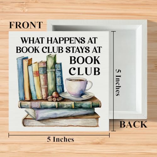 Book Lover Gifts for Women Men - What Happens at Book Club - Funny Reading Gift for Reader Librarian Bookworm Christmas Birthday - Book Shelf Desk Wooden Box Sign