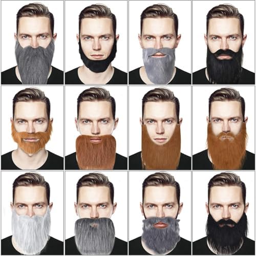 WILLBOND 12 Pcs Fake Beard Funny Fake Mustache Costume False Whiskers Facial Hair Disguise Accessories with Adjustable Elastic Rope for Males Costume Halloween Cosplay Supplies