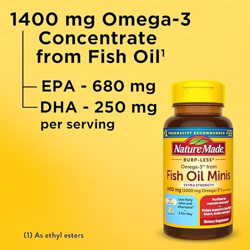 Nature Made Extra Strength Burp Less Fish Oil Omega 3 Supplements 1400 mg Minis, Omega 3 Fish Oil as Ethyl Esters for Healthy Heart Brain Eyes Support, 60 Softgels, 30 Day Supply