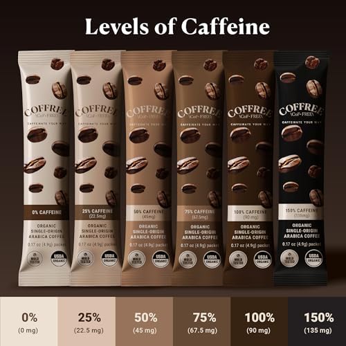COFFREE Organic Instant Coffee Packets Variety Pack - 0% to 150% Caffeine - Mold Free, Low Acid, Single-Origin Arabica - Individual Single Serve Coffee Sticks - Easy for Travel, Camping - 24 Count