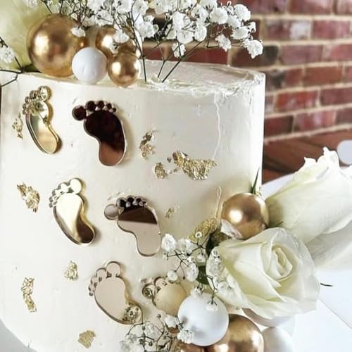 3 Pairs Baby Feet Cake Decoration, Gold Acrylic Welcome Baby Feet Cake Topper for Baby Shower Gender Reveal Birthday Party Supplies