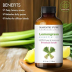Majestic Pure Essential Oil with Glass Dropper - 100% Pure and Natural - Essential Oils for Diffuser, Aromatherapy, Soap and Candle Making, Lemongrass Essential Oil, Lemongrass Oil, 4 Fl Oz