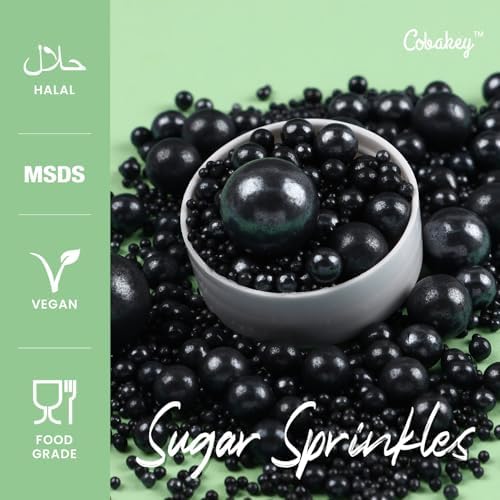 Cobakey Black Sprinkles for Cake Decorations Edible Pearl Sprinkles for Cupcake Toppers Wedding Party Valentines Halloween Christmas Supplies 3.52 ounce