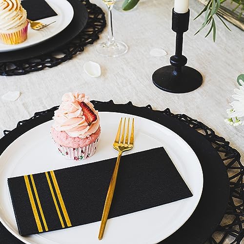 Shiny Gold on Black Disposable Dinner Napkins - Feels Like Linen, Soft Fluff Pulp Paper - 50 Pack, 8.5" x 4" - Style Name: Parallel Shine