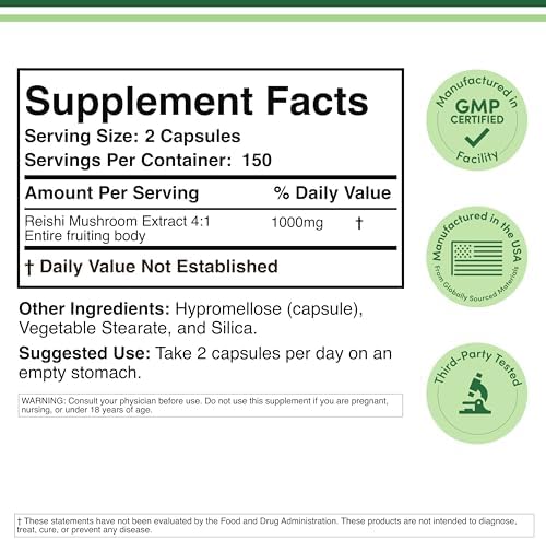 Reishi Mushroom Capsules (4:1 Ganoderma Extract, 1,000mg Red Reishi Powder per Serving) 300 Count, 5 Month Supply, Potent Mushroom Supplement for Immune System Support and Defense by Double Wood