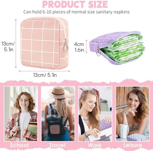 Period Bag Pouch Soft Cloth Sanitary Napkin Storage Bag Portable Menstrual Pad Pouches Tampon Holder for Purse First Period Kit for Girls 9-12 (Blue-White Check)