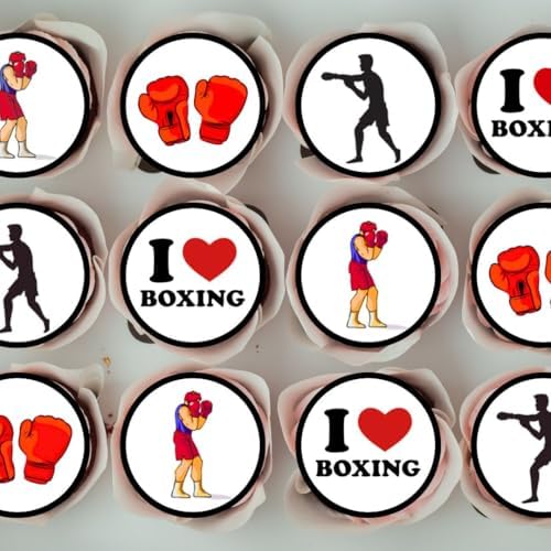 Boxing Edible Cupcake Toppers, Sports Edible Cake Decorations, Boxing-Gloves Cake Decor, Boxing Party Decorations, Martial Arts Theme Party Supplies, 48 x 1.18 Inch/3cm Discs UNCUT