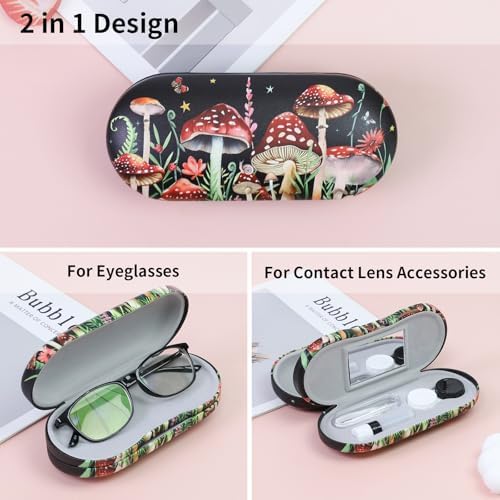 2 in 1 Contact Lens Case and Eyeglasses Case for Women Men Kids, Double Sided Hard Shell Portable Glasses Travel Holder with Built-in Mirror, Contact Lens Box Storage Kit (Black Mushroom)