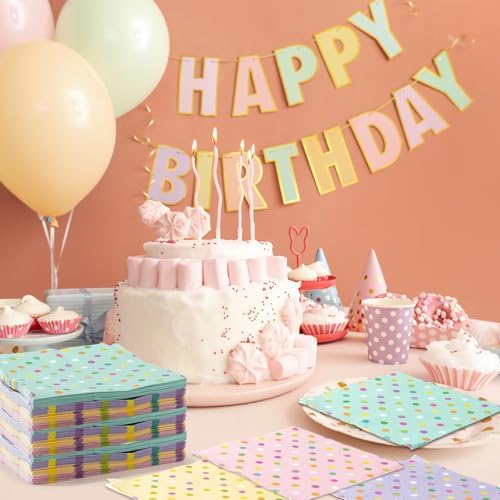 100 Pcs Colorful Square Paper Napkins Disposable Pastel Plaid Stripes Scallop Polka Dots Paper Napkins Cocktail Tableware Party Favors for Birthday wedding(Colorful,Polka Dots)