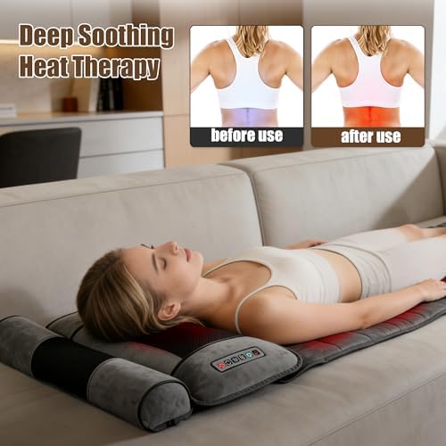 Full Body Massage Mat with Heat, Massager Pad with 10 Vibrating Nodes, 9 Modes, 3 Heating Levels with Detachable Neck Foot Massager, Head Pillow&Inflatable Lumbar Pillow, Anti-Slip for Bed/Sofa