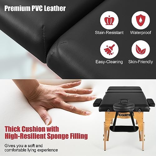 Giantex 84inch Folding Massage Table Lash Bed, Portable 3 Sections Spa Salon Tattoo Bed with Face Cradle Armrests Wooden Legs, Professional Massage Bed Height Adjustable with Carry Case (Black)