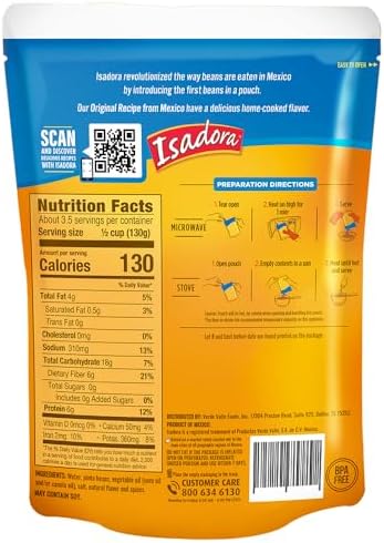Isadora Refried Beans Variety Pack (6 Pack, 3 Each), Delicious Original and Black Refried Pinto Beans in Pouch, Gluten Free Microwave Food Premade Meals, Plant Based Protein,15 oz Bags