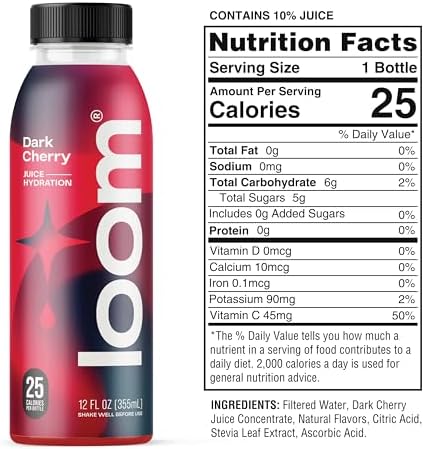 Dark Cherry Juice Drinks by Loom, Low Sugar Juice, Real Fruit, No Added Sugar, Healthy Hydration, 30 Calories, 12 oz bottles, 12 pack