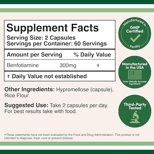 Benfotiamine 300mg Servings (Third Party Tested, 120 Capsules, 150mg Per Cap) Non-GMO, to Boost Thiamine B1 Levels (More Absorbable Than Thiamine, Fat Soluble) by Double Wood