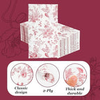 100 Floral Guest Napkins Red White Toile Disposable Paper Napkins Flower Bathroom Hand Towels for Tea Party Christmas Bridal Baby Shower Party Supplies (Red)