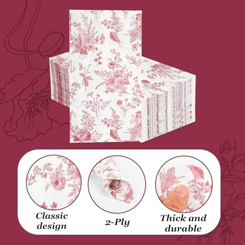 100 Floral Guest Napkins Red White Toile Disposable Paper Napkins Flower Bathroom Hand Towels for Tea Party Christmas Bridal Baby Shower Party Supplies (Red)