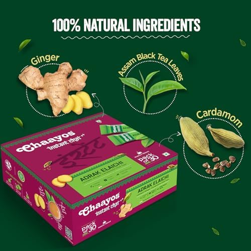 Chaayos Instant Tea Premix - Adrak Elaichi Flavour - Regular Sugar (22g * 30 sachet) (Makes 150ml), Ginger Powder, Eliachi Powder, Premix Tea, Desi Chai