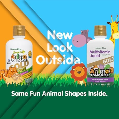 NaturesPlus Animal Parade Source of Life Gold Children's Liquid Multivitamin, 30 OZ - Natural Tropical Berry Flavor - Immune Support Supplement - Organic Whole Foods, Gluten-Free, Vegan - 60 Servings