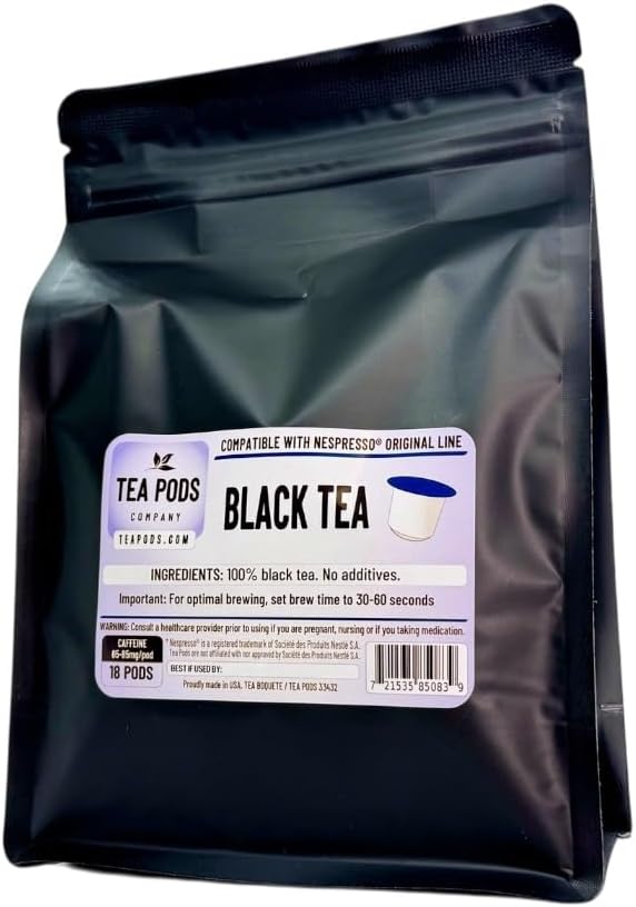 Black tea pods compatible with Nespresso OriginalLine, single serve ceylon tea capsules for coffee brewing machines - 18 tea capsules