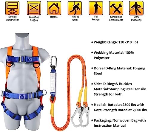 Safety Harness Fall Protection Kit: Full Body Roofing harnesses with Shock Absorbing Lanyard - Updated Comfortable Waist Pad
