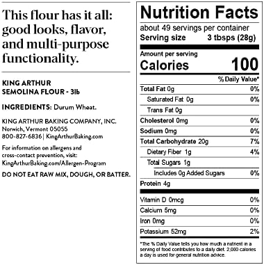 King Arthur Premium Semolina Flour: Coarse Ground, High Protein Durum Wheat for Perfect Pasta, Pizza, and Bread Making - Kosher, 3 lbs Resealable Bag, USA-Grown Wheat, Versatile Baking Ingredient