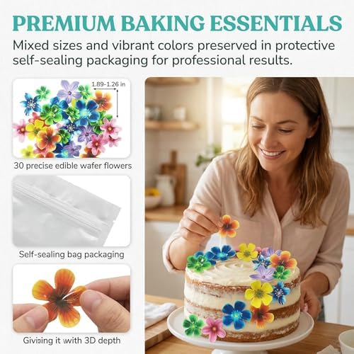 Set of 30 Edible Cupcake Toppers Christmas Cake Topper Wedding Cake Birthday Party Food Decoration Mixed Size & Colour (Flower)