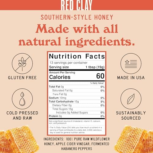 Red Clay Hot Honey - Gluten Free - Paleo Spicy Honey - 100% Pure, Raw Wildflower Honey - Infused Honey with Habanero Peppers - Sweet with a Kick of Heat - Great for Spicy Pizza Topping & More - 9 oz
