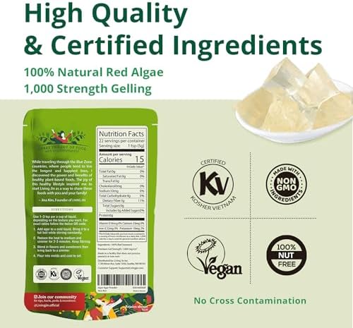 LIVING JIN Agar Agar Powder, 4 oz. Kosher, Plant-Based Gelatin Powder, Vegan Agar Agar, Vegan Jello, Sugar-Free, 100% Natural Red Algae