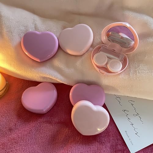 4 Packs Heart Shape Contact Lens Cases, Travel Eye Contacts Case Box Holder, Portable Contact Lenses Tweezers Remover Tool Solution Bottle Kit for Daily Outdoor Traveling (Dark Pink)