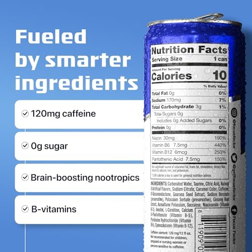 Focus Factor Energy Drink - 12 x 355ml Cans (Original Flavor) - with Focus + Energy - Lightly Carbonated, Sugar Free, Low Calorie with Vitamins B6 & B12