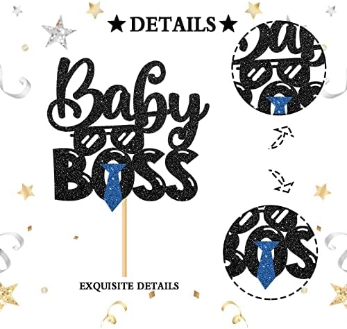 INNORU Boss Boy Cake Topper, Baby Boy 1st Birthday Cake Decor, Baby Shower, Gender Reveal Party Decoration Supplies, Black Glitter