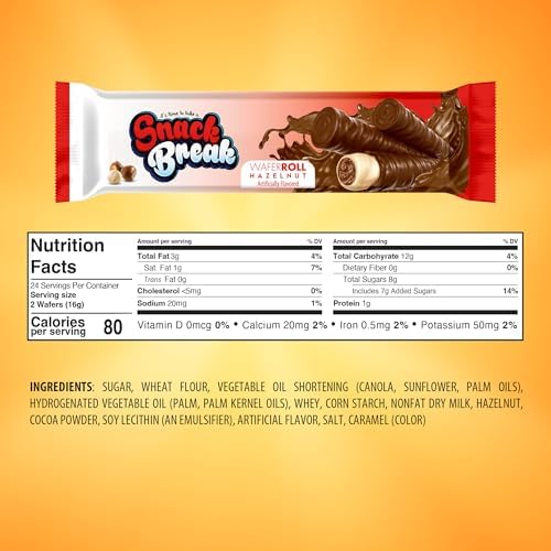 Snack Break Hazelnut Wafer Rolls, Rolled Wafer Cookies, Cocoa Coated Delicious Snack, Individually Wrapped, Crunchy Sticks for On-the-Go, Coffee, Tea, 24 Count (Pack of 1)