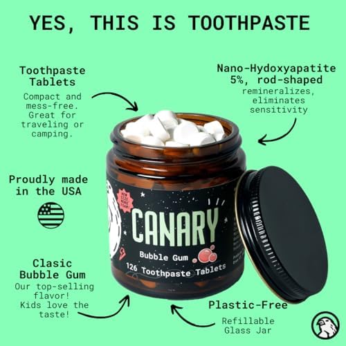 Canary Nano Hydroxyapatite Toothpaste Tablets Bubble Gum - Remineralizing, Fluoride Free, All Natural Tabs with Xylitol - Great for Kids, Plastic Free - 126 Count