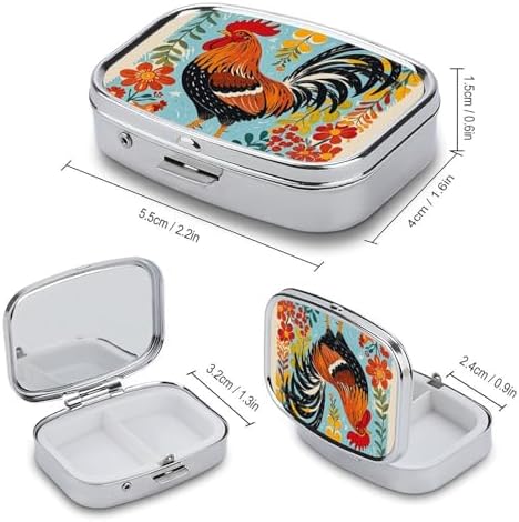 Metal Pill Box with Mirror - 2 Compartment Travel Pill Case for Purse Portable Pillbox Compact Vitamin Container Rooster and Chicken Print Medicine Organizer for Fish Oil & Supplement